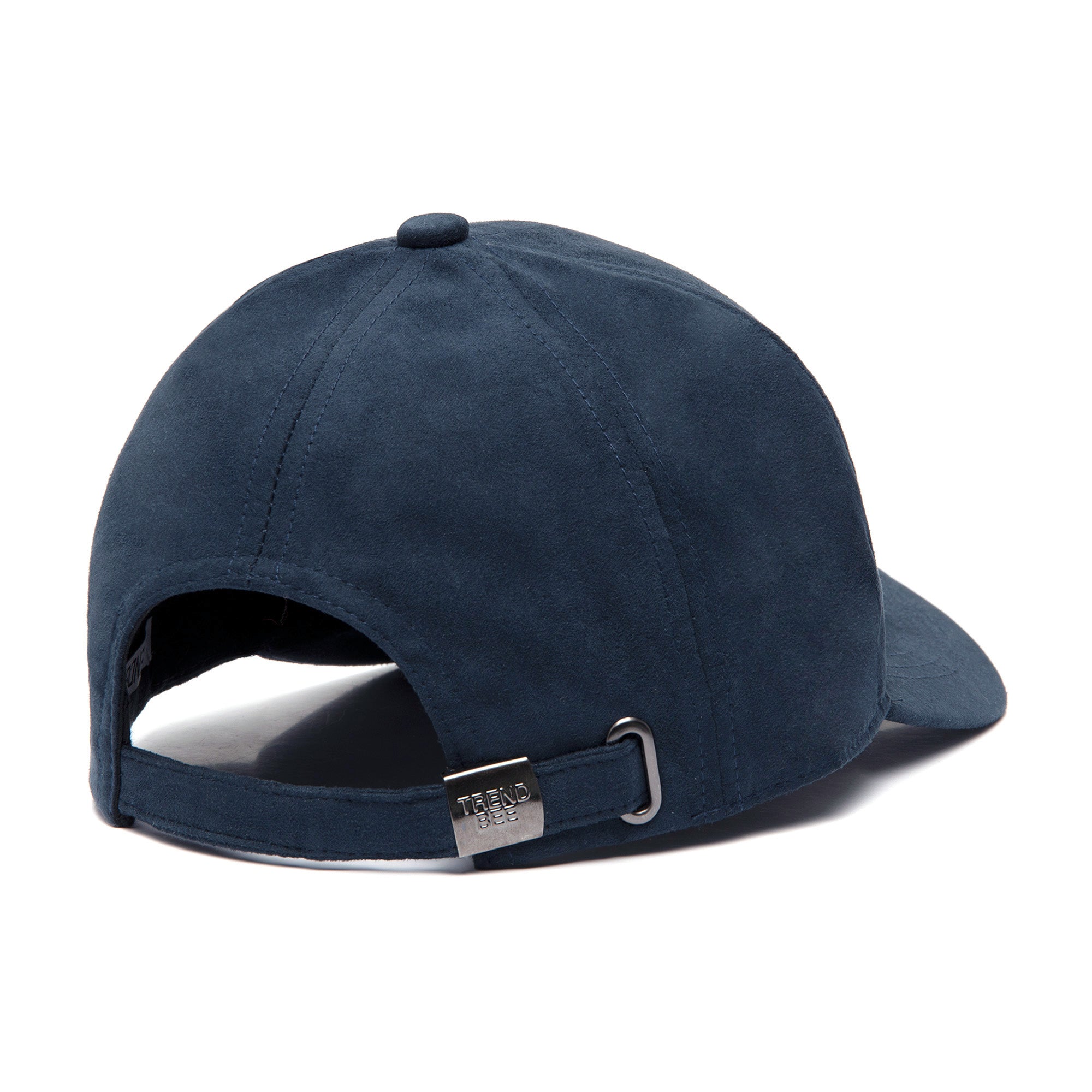 Achterkant van de Navy donkerblauwe suède pet Trendbee met verstelbare backbuckle en logo op metalen buckle