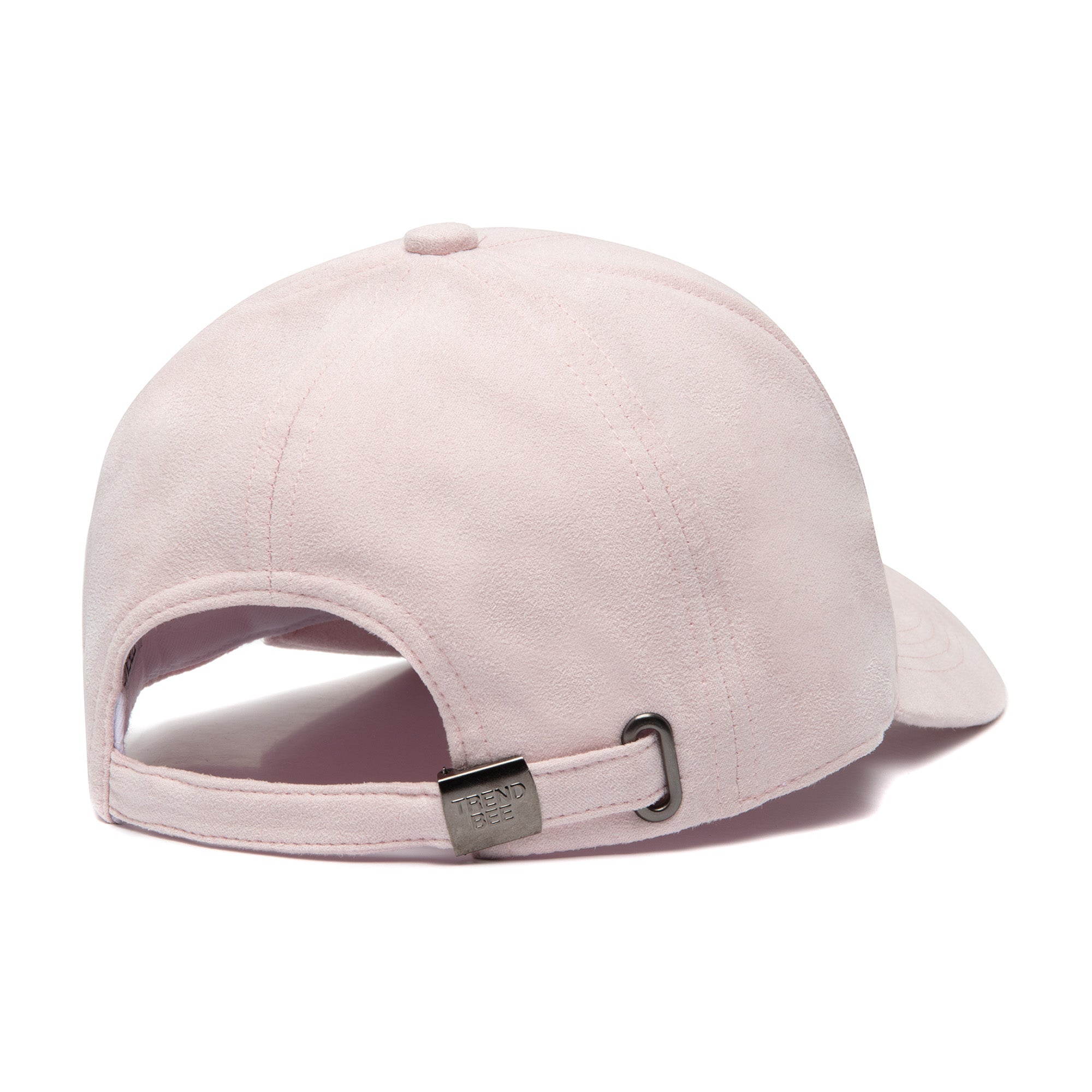 Detail van de achterkant van de roze suède pet Candy met verstelbare backbuckle en metalen logo
